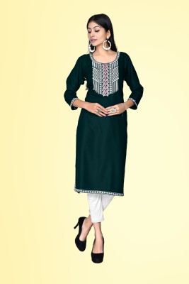 HouseOfCommon Women Embroidered Straight Kurta(Dark Green)