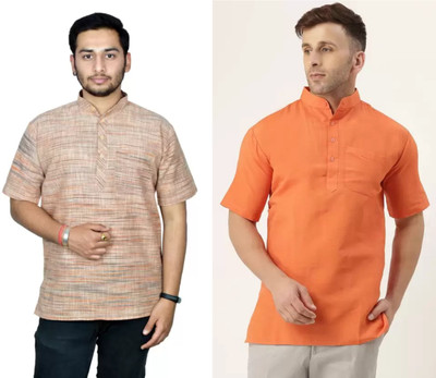 isdfabric Men Self Design Straight Kurta(Black, Orange)