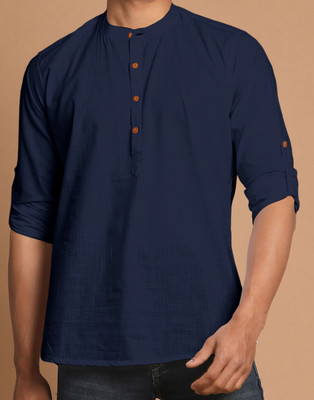 zbio Men Solid Casual Dark Blue Shirt