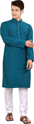ZEDIN Men Embroidered Straight Kurta(Green)