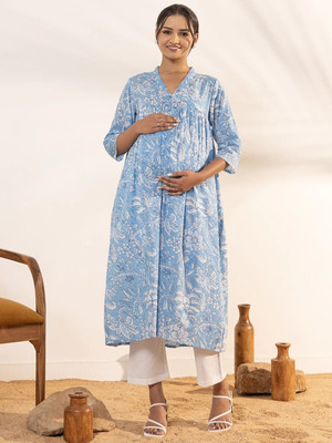 Janasya Women Floral Print A-line Kurta(Light Blue, White)
