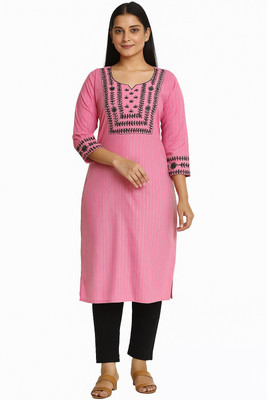 A S Women Striped, Embroidered A-line Kurta(Pink)
