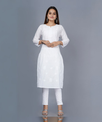 Lakhnavi Fabrics Women Embroidered Straight Kurta(White)