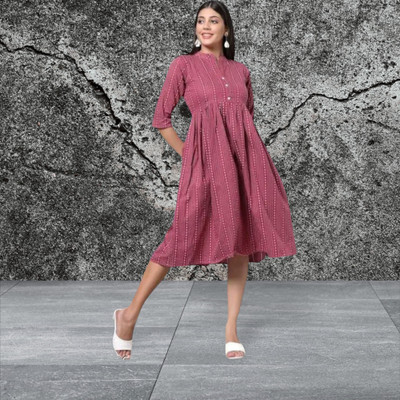 Rangrasiya Creationl Women Fit and Flare Maroon Below Knee Dress
