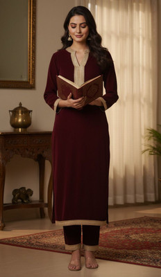 ETHNOQU Women Solid, Embroidered Straight Kurta(Maroon)