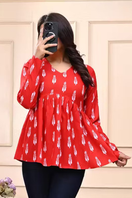 CHABUTRA TREND Women Printed Tunic Kurta(Red)