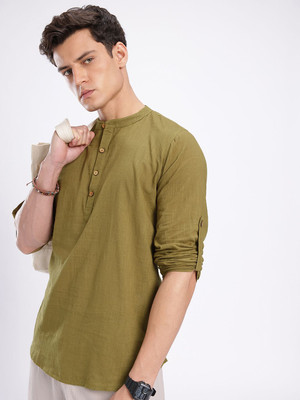 Anouk Rustic Men Solid Straight Kurta(Green)