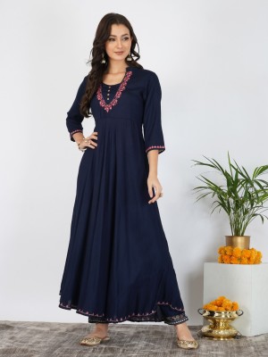 METRO-FASHION Women Solid Flared Kurta(Dark Blue)