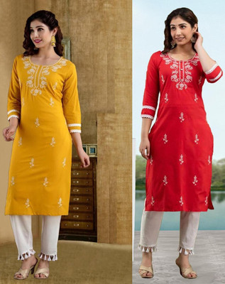 vikshi Women Chikan Embroidery A-line Kurta(Multicolor)