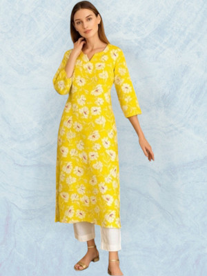 HindustaniLihaj Women Printed Straight Kurta(Yellow)