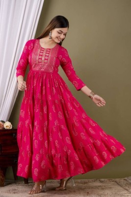 XWV Women Printed Anarkali Kurta(Pink)