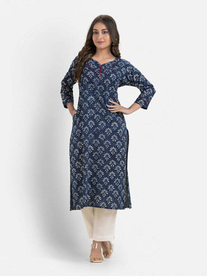 Crazy Needle Women Geometric Print Straight Kurta(Blue)