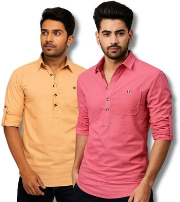 CROWNTAIL Men Solid Straight Kurta(Orange, Pink)
