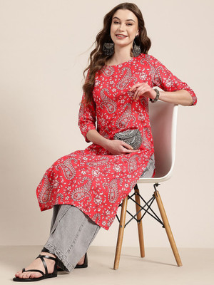 HERE&NOW Women Floral Print A-line Kurta(Pink)