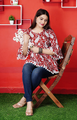 Sanganer Export Women Printed Flared Kurta(Maroon)