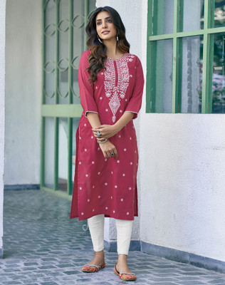 Anmi Embroidered Women Straight Kurta(Pink, White)