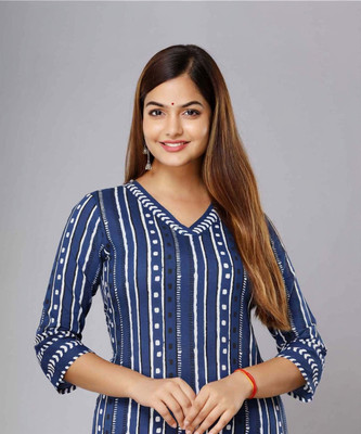 Deshopever Women Printed Straight Kurta(Blue)