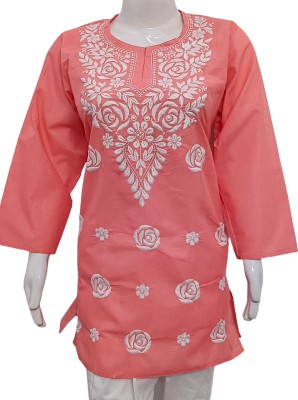 Huren Women Chikan Embroidery A-line Kurta(Orange)