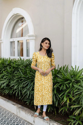 harrica Women Printed A-line Kurta(Yellow)