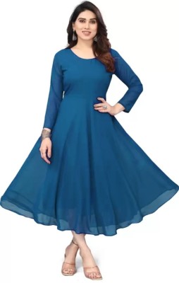 GuruFeshion Women Solid Flared Kurta(Dark Blue)