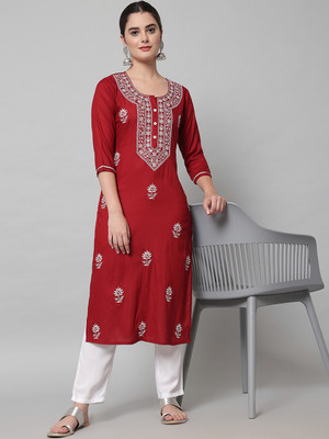 ANGITA Women Chikan Embroidery A-line Kurta(Maroon)