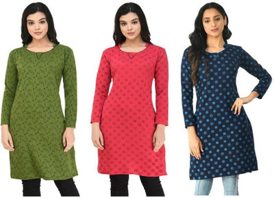 Indeweaves Women Floral Print A-line Kurta(Light Blue, Green, Pink)