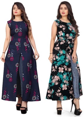 Hiral Creation Women Floral Print Frontslit Kurta(Blue)