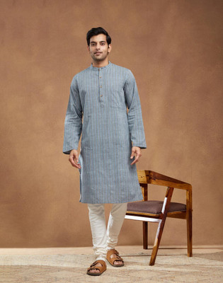 Fabindia Men Striped Straight Kurta(Grey)