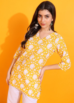 HYTEN Women Floral Print Straight Kurta(Yellow)