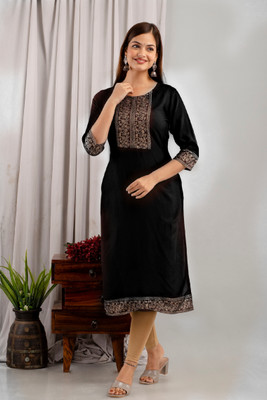 dkm creations Women Embroidered A-line Kurta(Black)