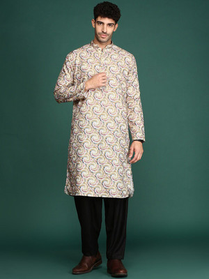 Sangria Men Abstract Straight Kurta(Yellow)
