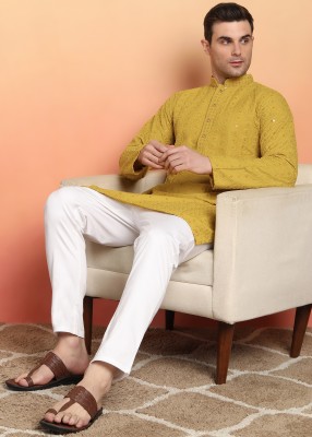 SWAGG INDIA Men Chikan Embroidery A-line Kurta(Yellow)