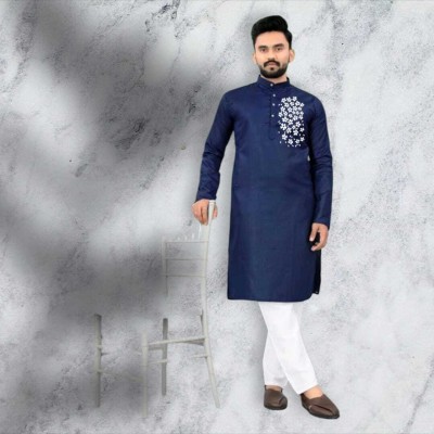 Mamta Biswas Men Printed Straight Kurta(Dark Blue)