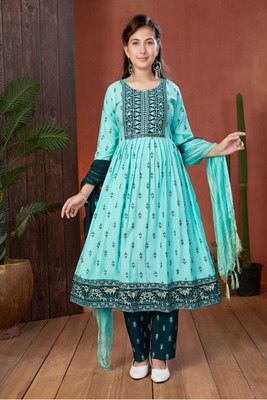 HERE&NOW Girls Printed A-line Kurta(Light Blue)