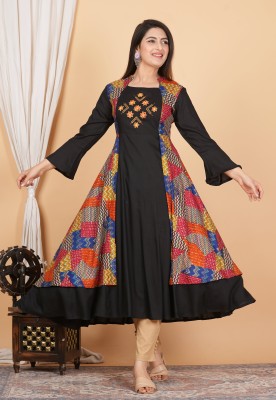 Yash Gallery Women Embroidered Anarkali Kurta(Black)