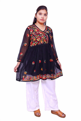 Ah creation Women Chikan Embroidery Ethnic Dress Kurta(Black)