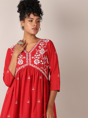 V-MART Women Embroidered A-line Kurta(Red)