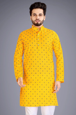 SPOQUE Men Printed Straight Kurta(Yellow)