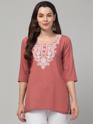 CROWNKING Women Embroidered Straight Kurta(Orange)