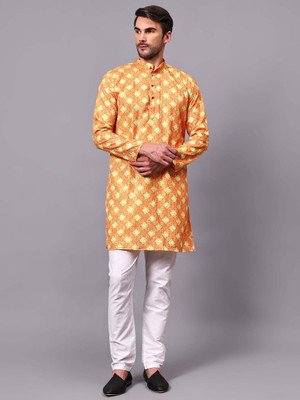 FireFish Men Self Design A-line Kurta(Yellow)