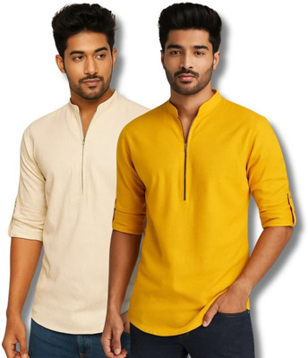 CROWNTAIL Men Solid Straight Kurta(Beige, Yellow)