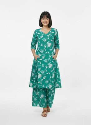 KASMIRRA Women Floral Print Straight Kurta(Green)