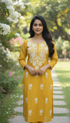 khamsahh Women Embroidered, Floral Print Straight Kurta(Yellow)