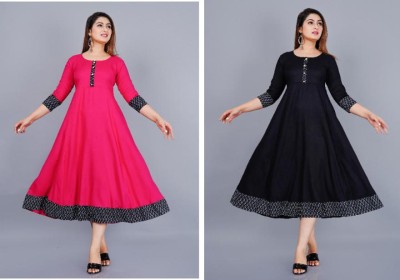 YESLY Women Printed Anarkali Kurta(Black, Pink)