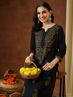 Janasya Women Paisley Straight Kurta(Black)