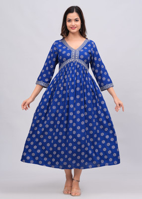NEW4U Women Floral Print Gown Kurta(Blue, White, Gold)