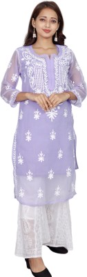 ADR CHIKAN Women Embroidered, Chikan Embroidery Straight Kurta(Purple)