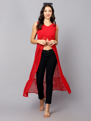 VESICLE Women Embroidered Frontslit Kurta(Red)