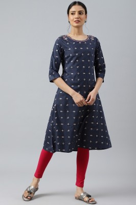 W Women Animal Print A-line Kurta(Blue)