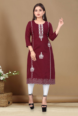 BHARDVAJ K FAB Women Embroidered Straight Kurta(Maroon)